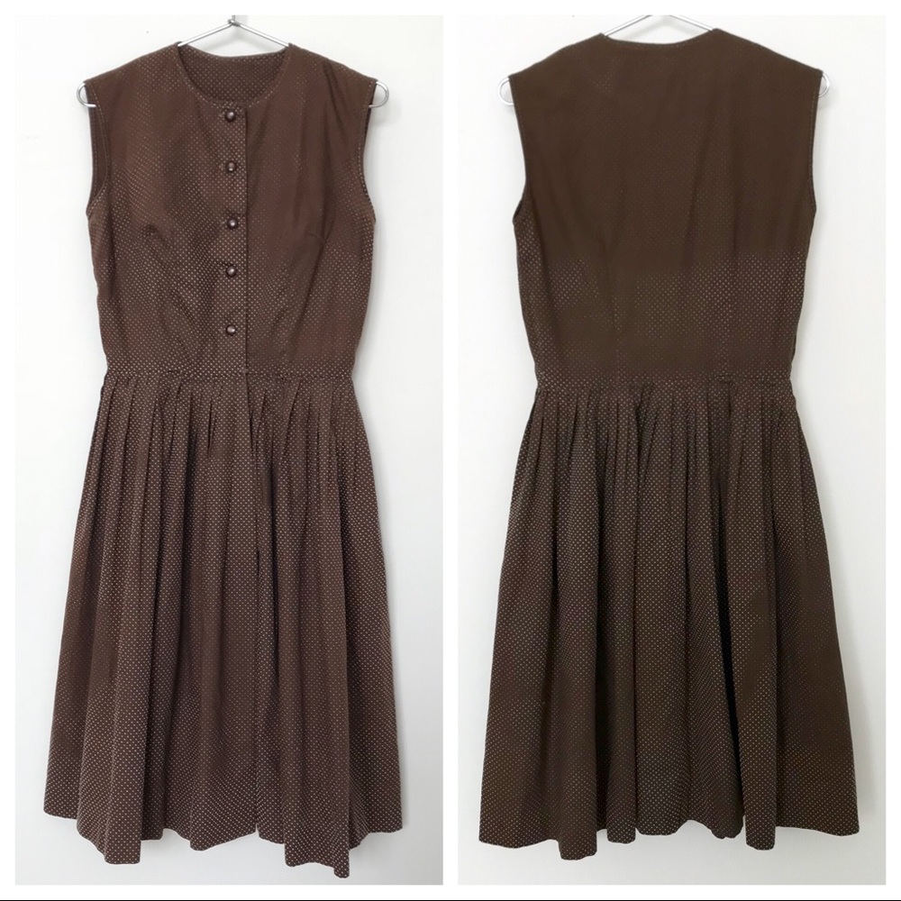 DONATED Vtg Brown Swiss Dot Dress XS - Picture 3 of 8
